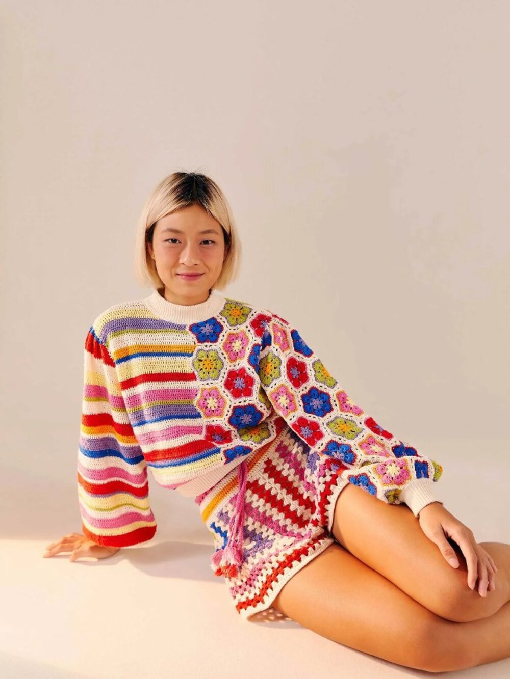 FARM Rio Multicolor Striped & Floral Crochet Turtleneck Sweater - Picture 2 of 7